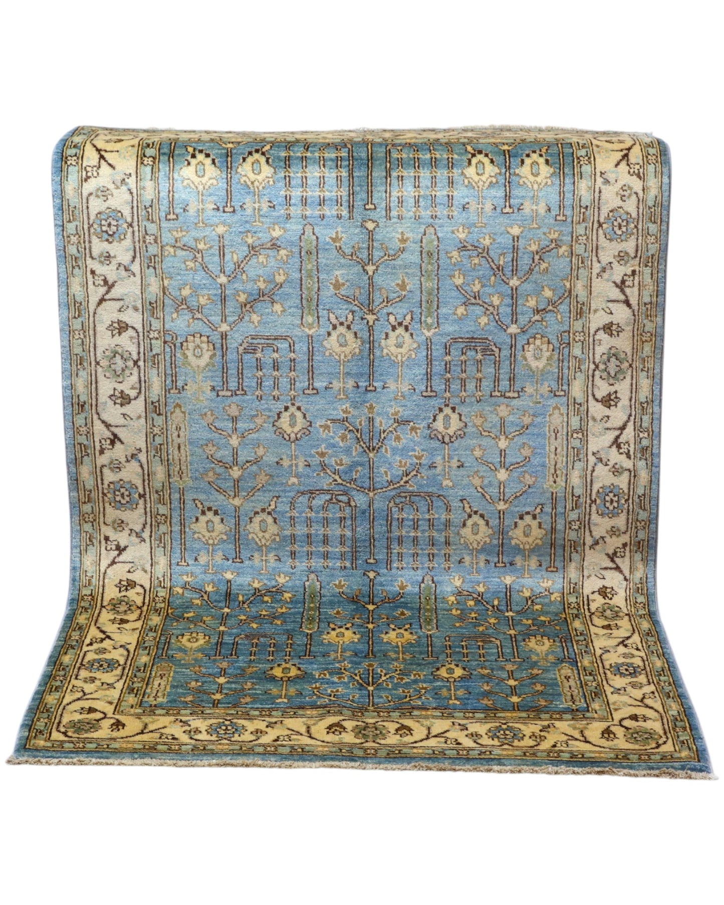 Tappeto Ziegler 188x123 cm con disegno floreale su fondo azzurro e bordura beige, perfetto per arredamenti eleganti e moderni.