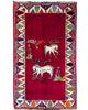 Tappeto Gashgai 185x111 cm annodato a mano, con cavalli stilizzati bianchi su fondo rosso e cornice geometrica multicolore.