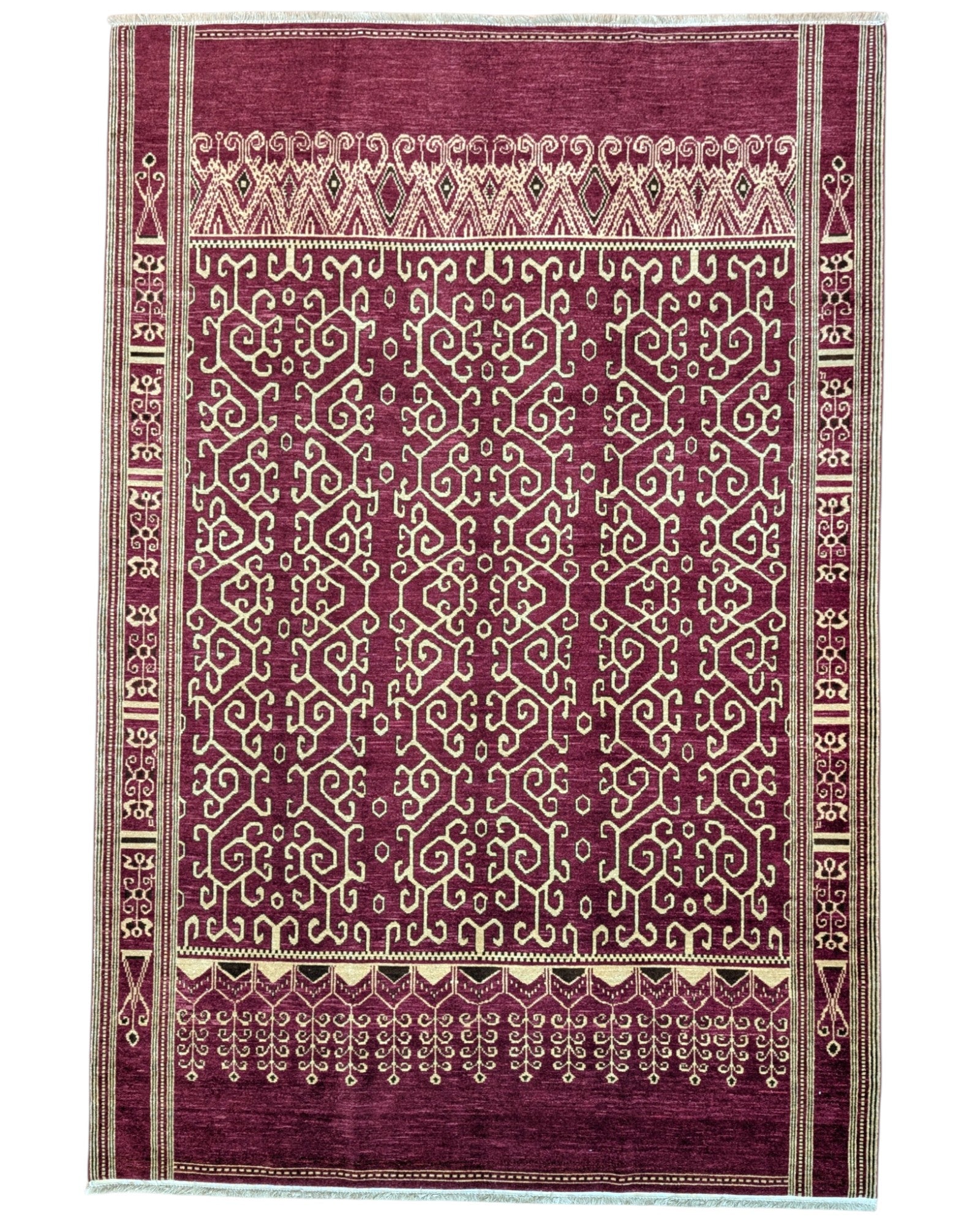 Tappeto Moderno persiano 271x183 cm con fondo bordeaux e motivi geometrici beige, tramato ed annodato a mano.