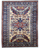 Tappeto Shirvan Afghan 157x121 cm con fondo avorio, motivi geometrici blu e rossi, tramato ed annodato a mano, provenienza Afghanistan.