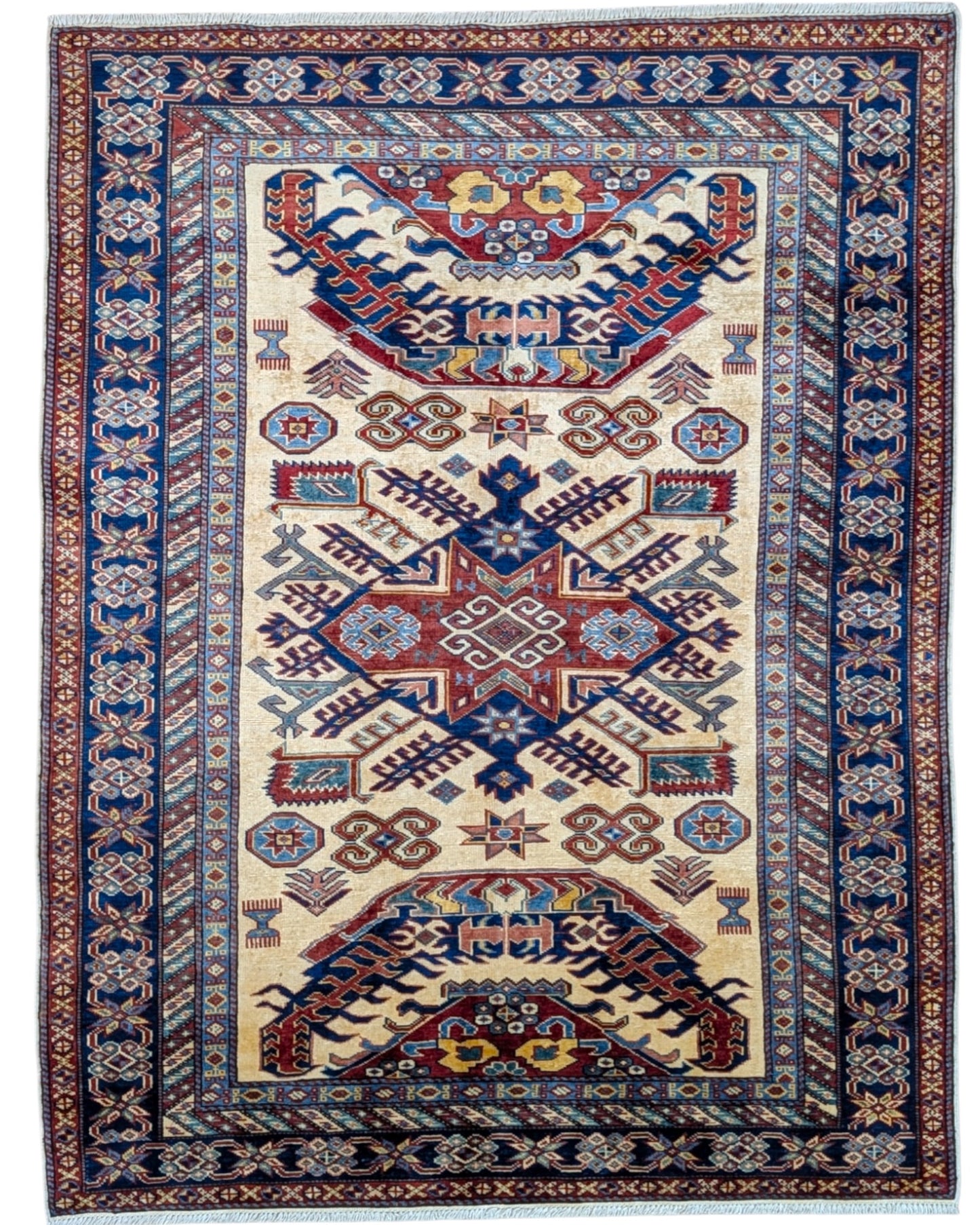 Tappeto Shirvan Afghan 157x121 cm con fondo avorio, motivi geometrici blu e rossi, tramato ed annodato a mano, provenienza Afghanistan.