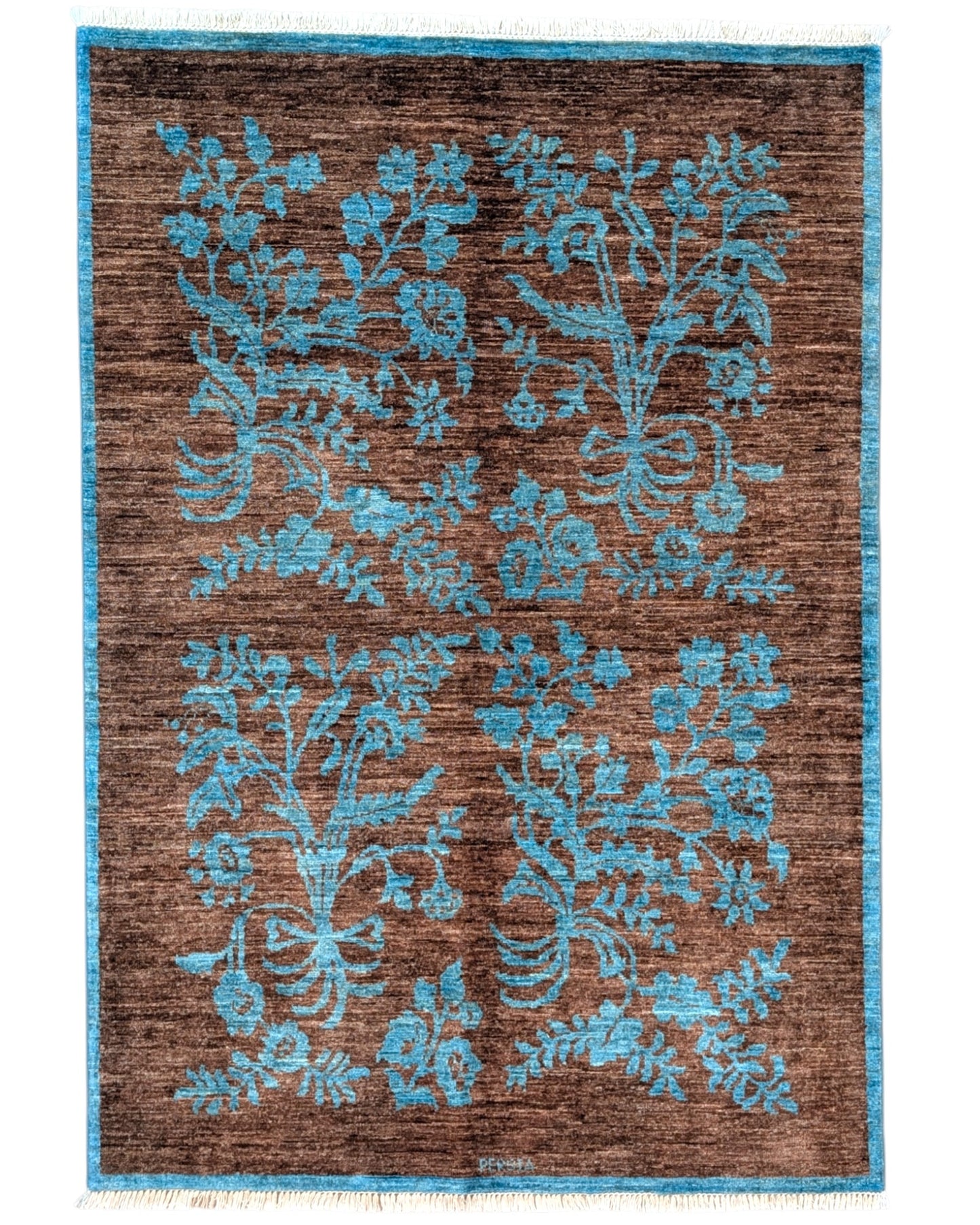 Tappeto Moderno 180x125 cm con fondo marrone e motivi floreali turchesi, tramato ed annodato a mano, provenienza Afghanistan.