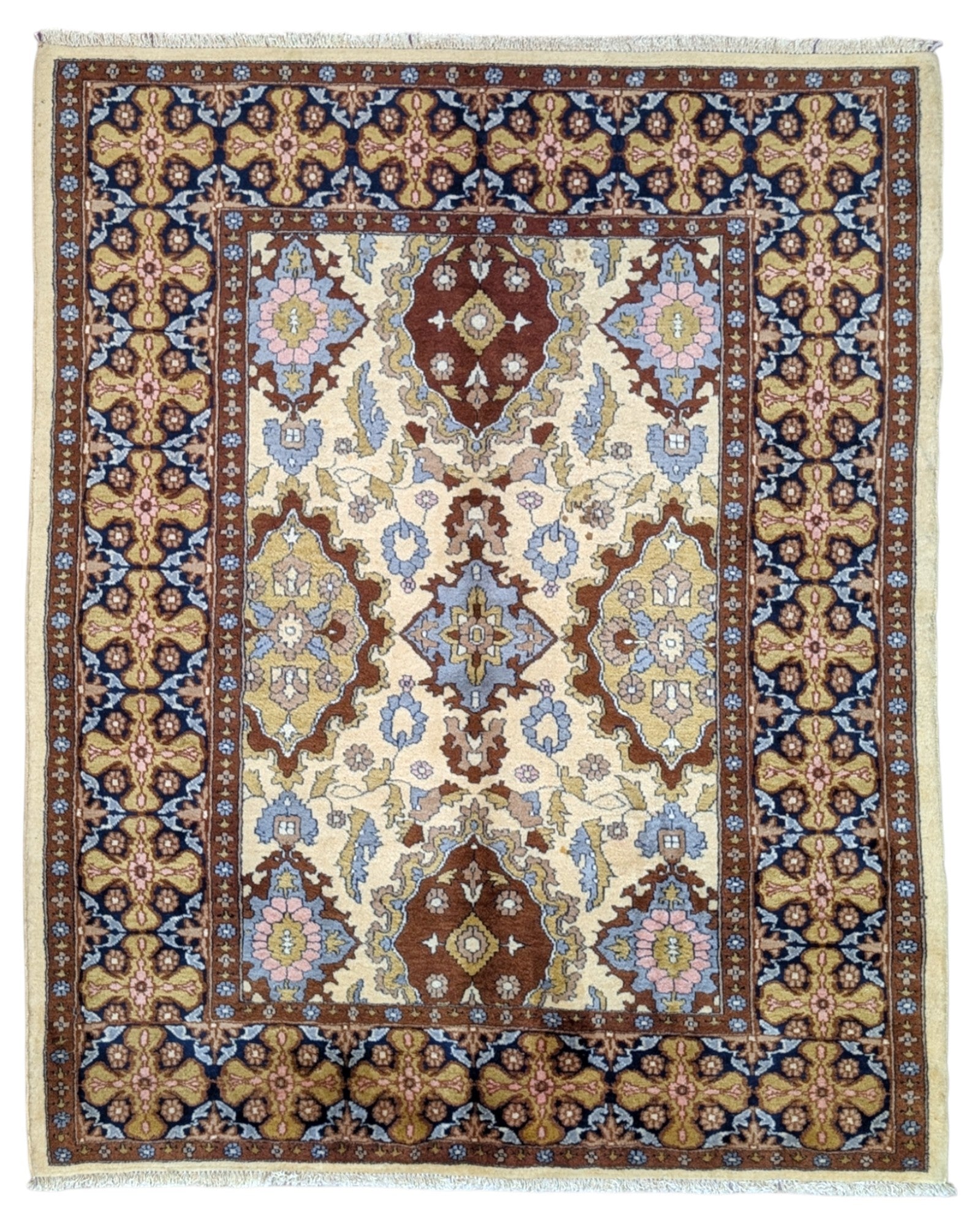 Tappeto Kashmir 159x130 cm in seta e lana, con motivi floreali su fondo avorio e cornice blu e oro, annodato a mano.