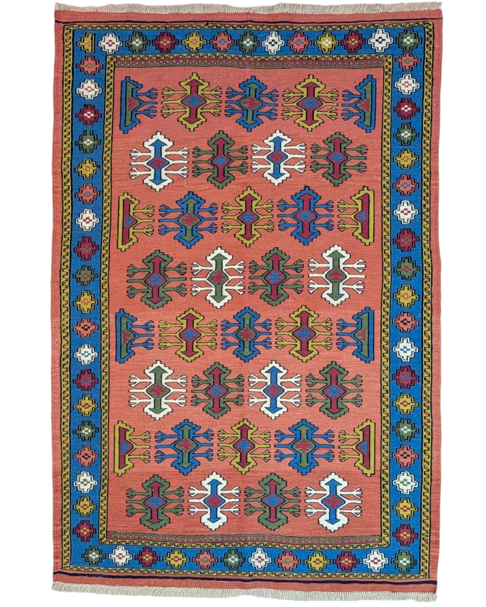 Tappeto Kilim Persia 166x120 cm tessuto a mano, con motivi geometrici multicolore su fondo arancio e bordo blu.
