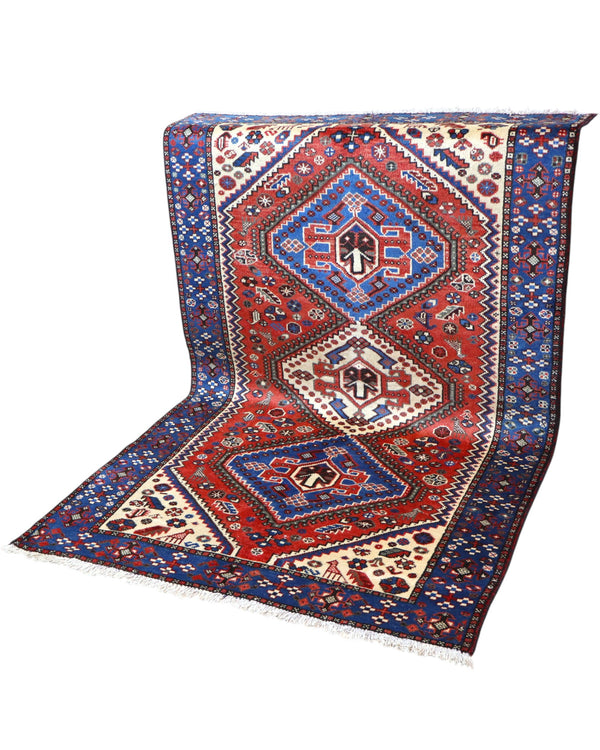 Tappeto Salame persiano 203x130 cm, annodato a mano, con tre medaglioni romboidali geometrici su fondo rosso e blu.