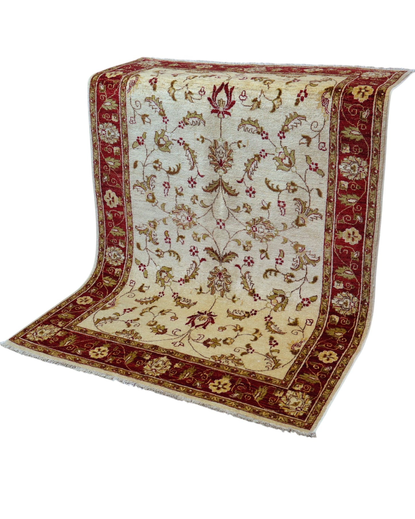 Tappeto Ziegler 195x135 cm in lana, annodato a mano, fondo avorio con disegni floreali e cornice rosso rubino.