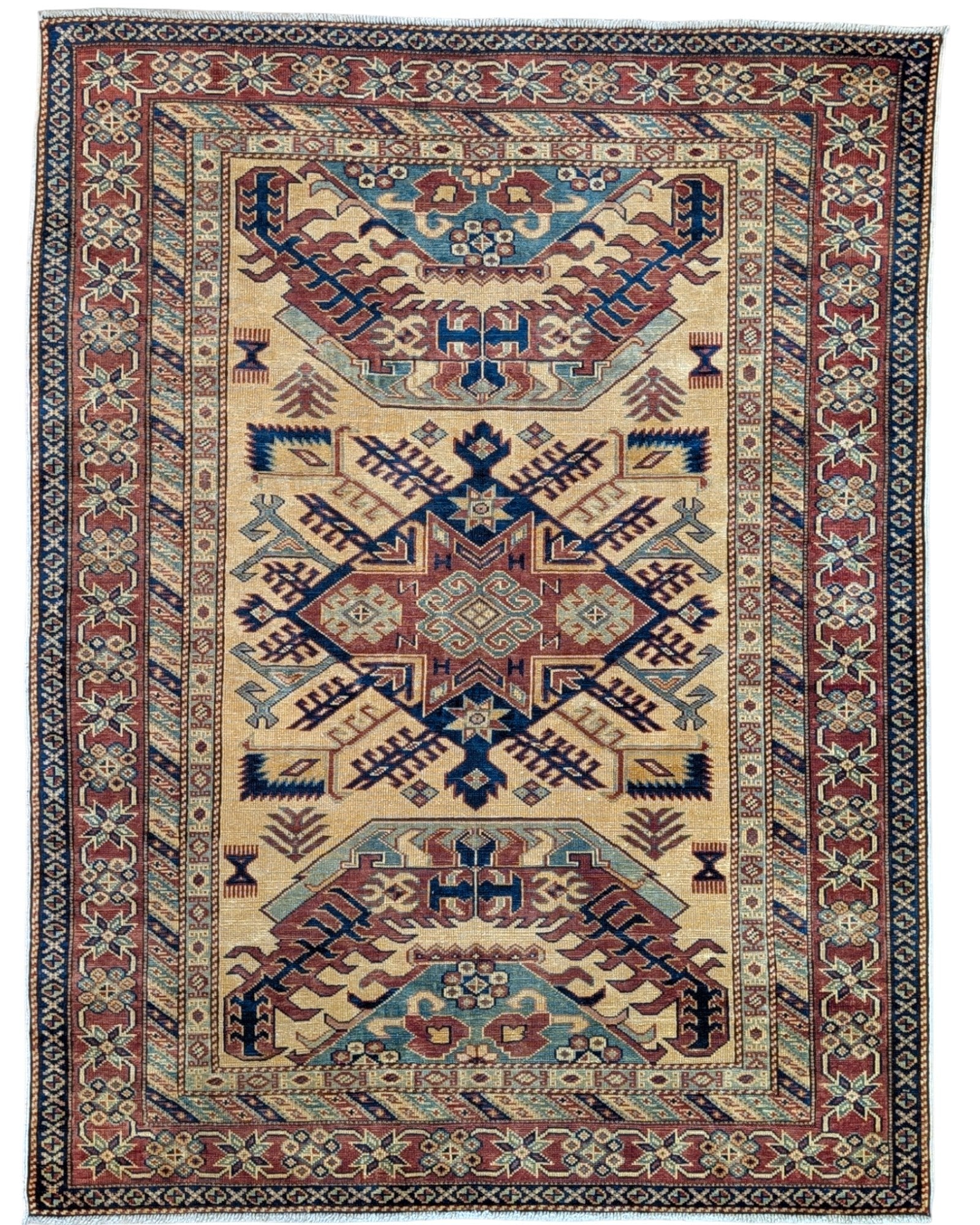 Tappeto Shirvan Afghan annodato a mano 159x120 cm con motivi geometrici caucasici e colori vivaci.
