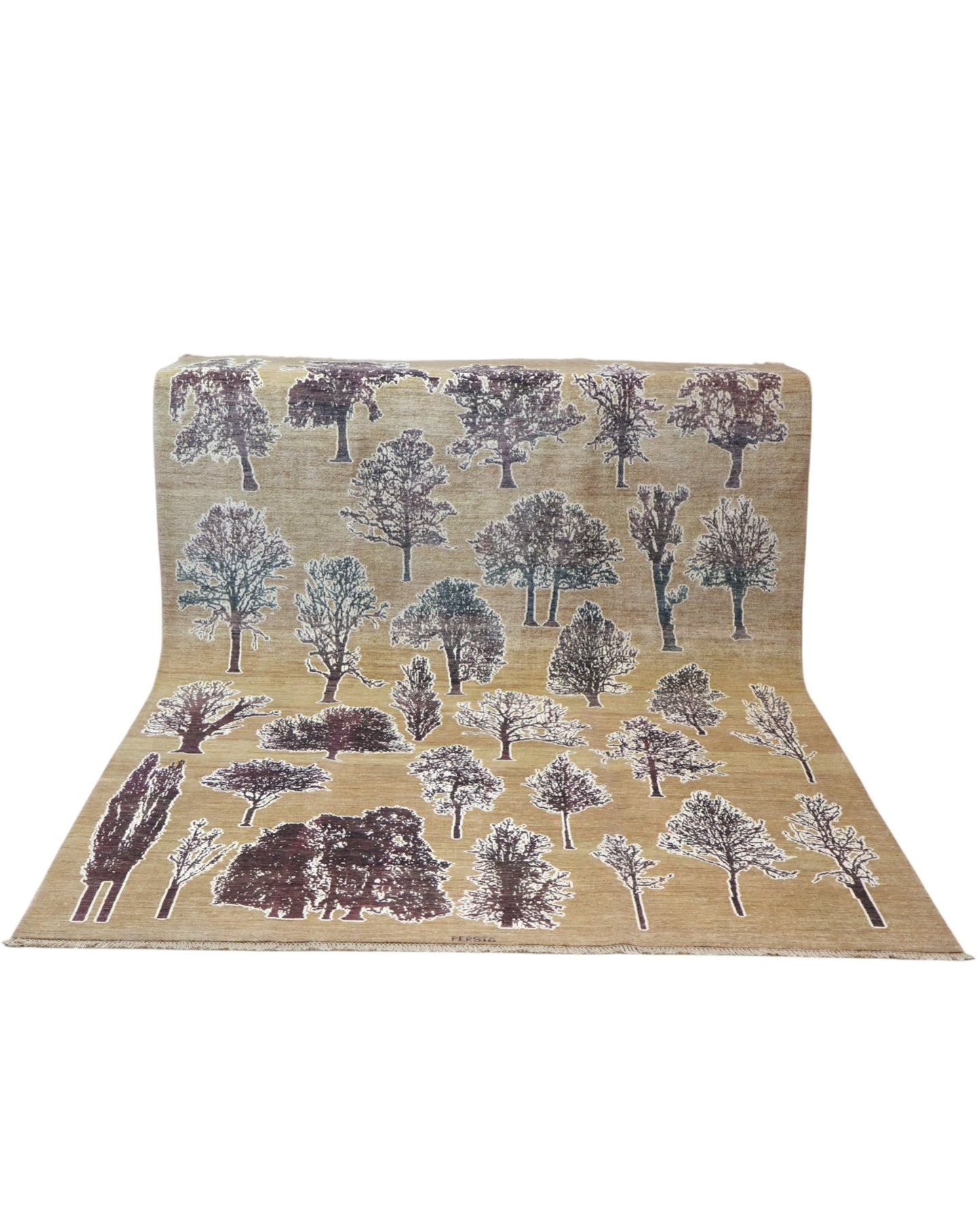 Tappeto moderno 300x202 cm Persia con motivo di alberi stilizzati su fondo beige, annodato a mano in lana naturale.