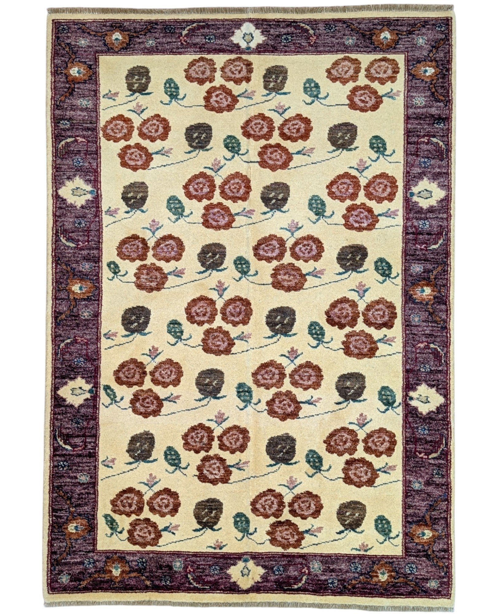 Tappeto Ziegler annodato a mano 180x126 cm con motivi floreali su fondo avorio e bordura viola.