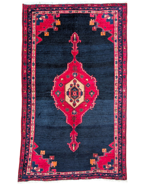 Tappeto Hamedan 200x119 cm, annodato a mano, con medaglione geometrico rosso, fondo blu notte e dettagli arancio.