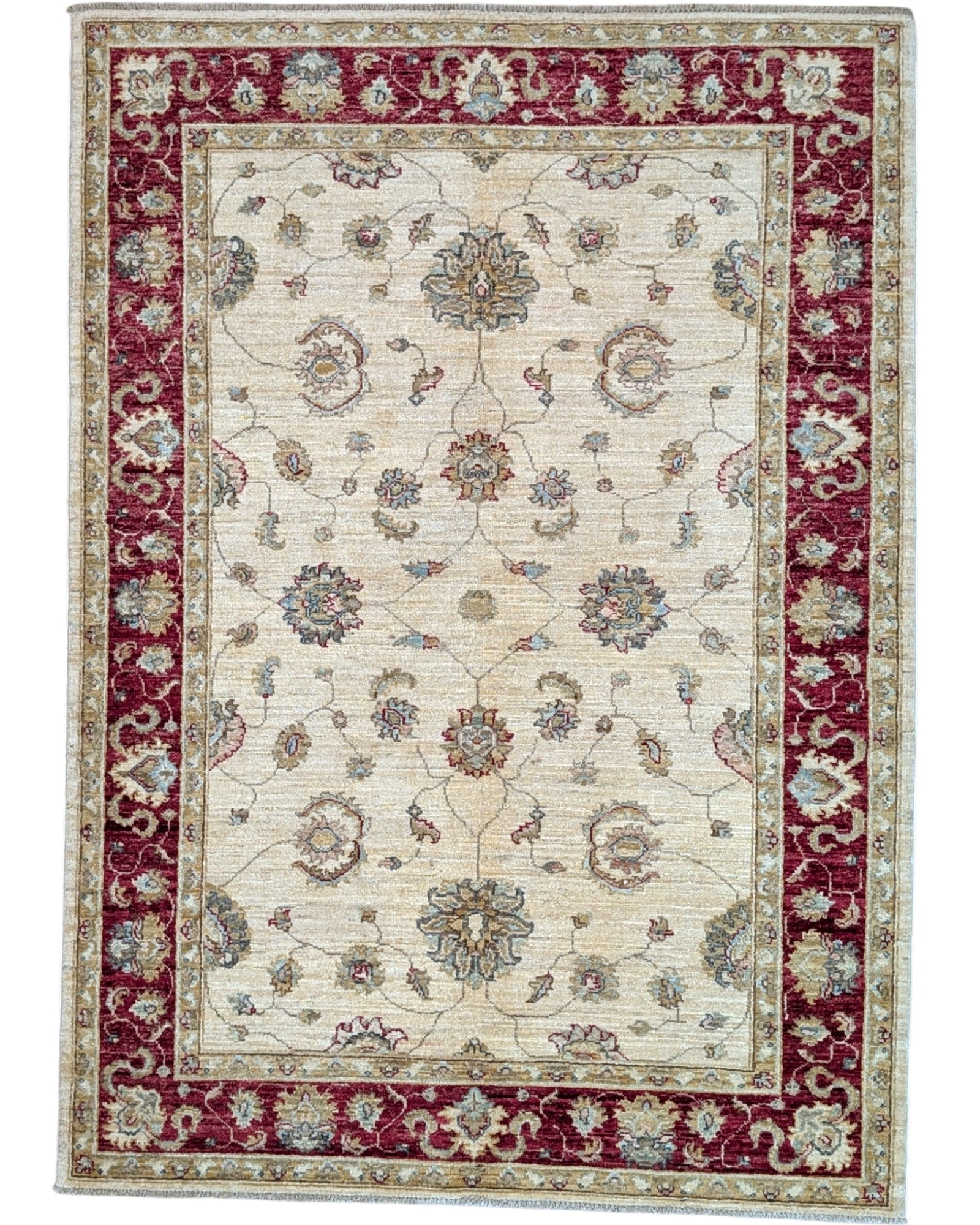 Tappeto Ziegler 175x127 cm, annodato a mano, fondo avorio con motivi floreali stilizzati e cornice rosso rubino.