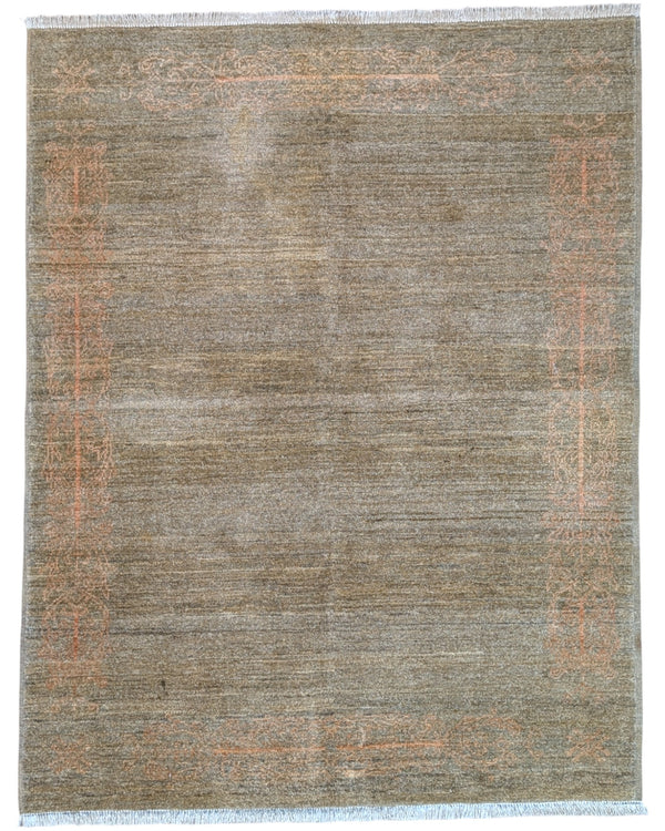 Tappeto Moderno 163x127 cm, lana annodata a mano, fondo grigio-marrone con decorazioni tono su tono aranciate.