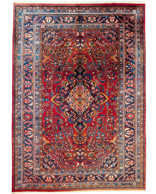 tappeto persiano Lilian annodato a mano 377x270 cm rosso con medaglione centrale e motivi floreali