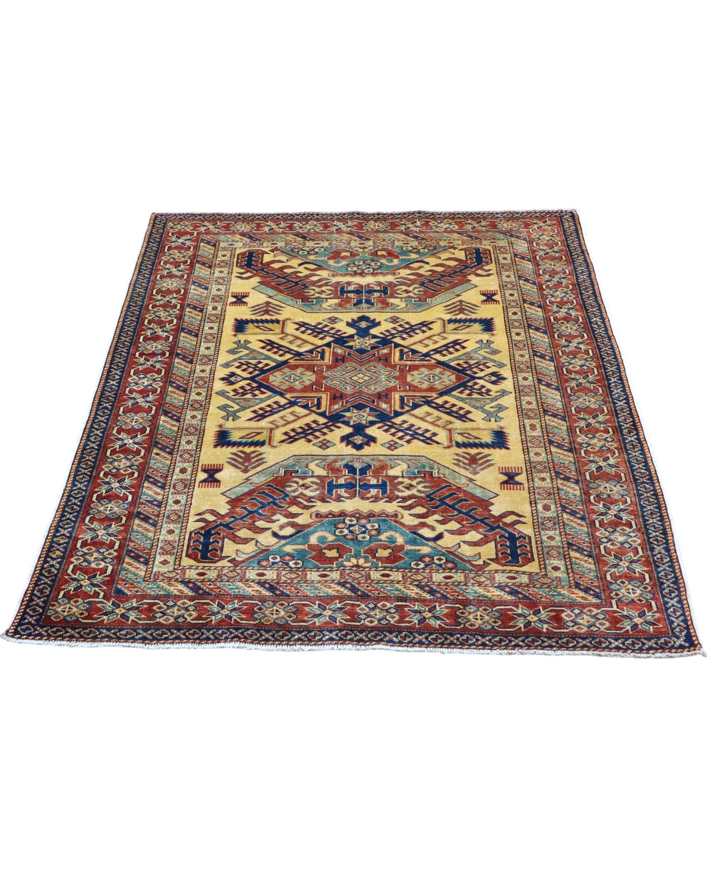 Tappeto Shirvan Afghan annodato a mano 159x120 cm con motivi geometrici caucasici e colori vivaci.