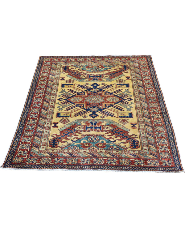 Tappeto Shirvan Afghan annodato a mano 159x120 cm con motivi geometrici caucasici e colori vivaci.