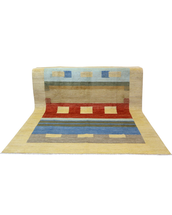 Tappeto moderno 306x246 cm Persia geometrico con rettangoli e fasce colorate. Annodato a mano in lana naturale.