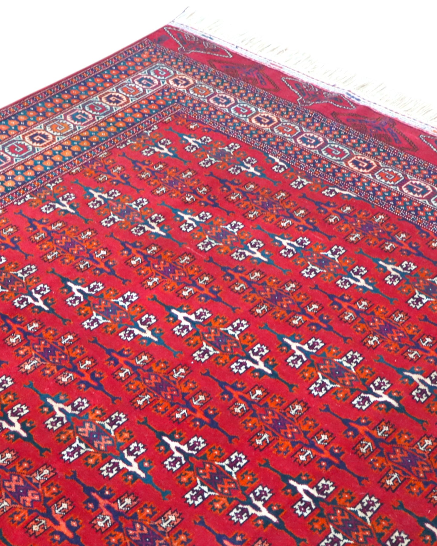 Tappeto Bokhara 280x180 cm con fondo rosso intenso e motivi geometrici blu, nero e avorio, tramato ed annodato a mano, provenienza Asia Centrale.