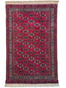 Tappeto Bukhara 280x180 cm con fondo rosso rubino e motivi geometrici ripetuti, tramato ed annodato a mano, provenienza Asia Centrale.