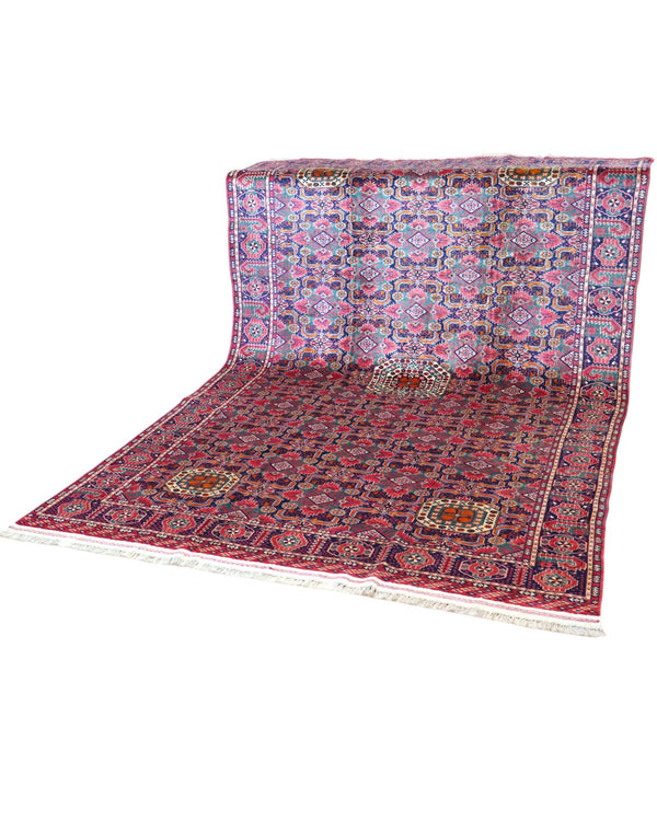 Tappeto Bukhara 300x200 cm con fondo rosa e blu, motivi geometrici e medaglioni stilizzati, tramato ed annodato a mano, provenienza Bukhara.