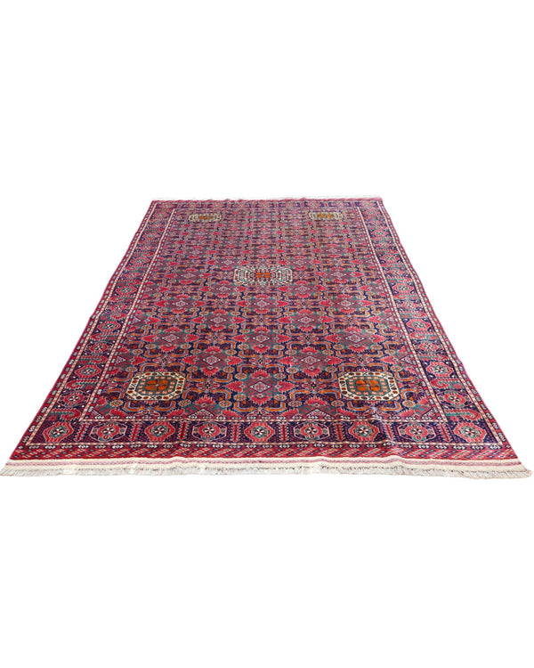 Tappeto Bukhara 300x200 cm con fondo rosa e blu, motivi geometrici e medaglioni stilizzati, tramato ed annodato a mano, provenienza Bukhara.