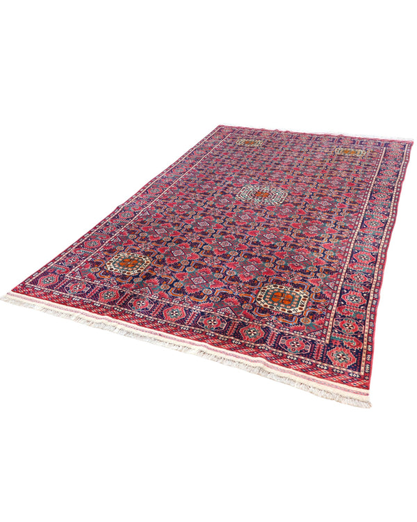 Tappeto Bukhara 300x200 cm con fondo rosa e blu, motivi geometrici e medaglioni stilizzati, tramato ed annodato a mano, provenienza Bukhara.