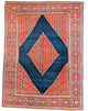 Tappeto Doraghsh persiano 377x297 cm rettangolare, annodato a mano, con campo blu e motivo centrale rosso a diamante.