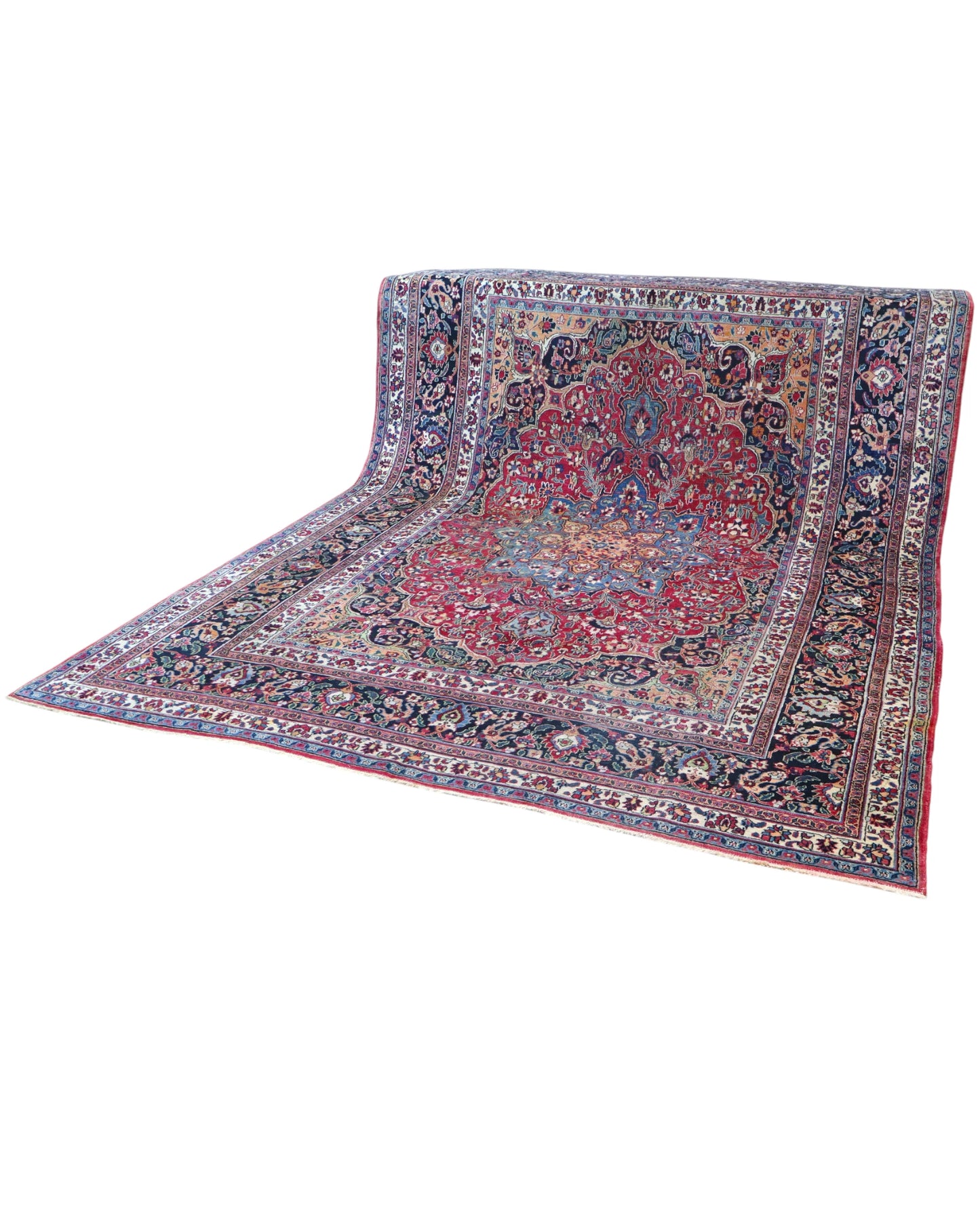 tappeto persiano Dorakhsh annodato a mano 379x262 cm rosso con medaglione centrale blu e motivi floreali arabescati