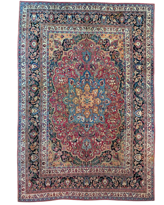 tappeto persiano Dorakhsh annodato a mano 379x262 cm rosso con medaglione centrale blu e motivi floreali arabescati