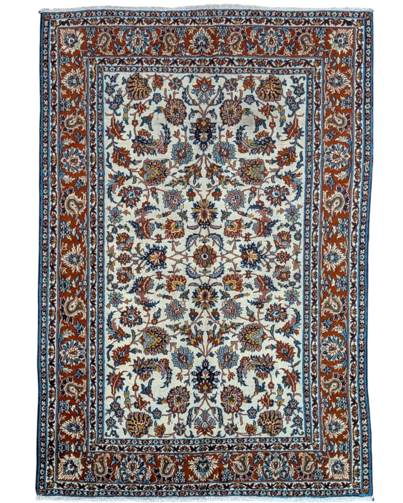 Tappeto Esfahan 182x124 cm annodato a mano, rettangolare, fondo chiaro con motivi floreali persiani, realizzato in cotone e lana con colori vegetali.