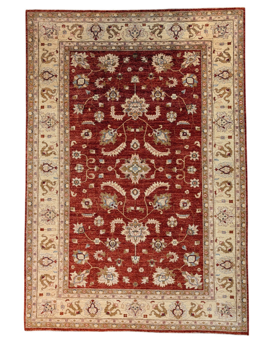 Tappeto Farahan 292x204 cm con campo rosso melograno e bordi beige, annodato a mano in lana e cotone. Realizzato in Afghanistan con colori vegetali e lavorazione artigianale.