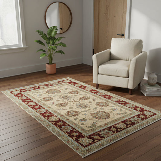 Tappeto Farahan beige con cornice rossa, annodato a mano in Afghanistan in lana e cotone con colori vegetali naturali e motivo floreale elegante.