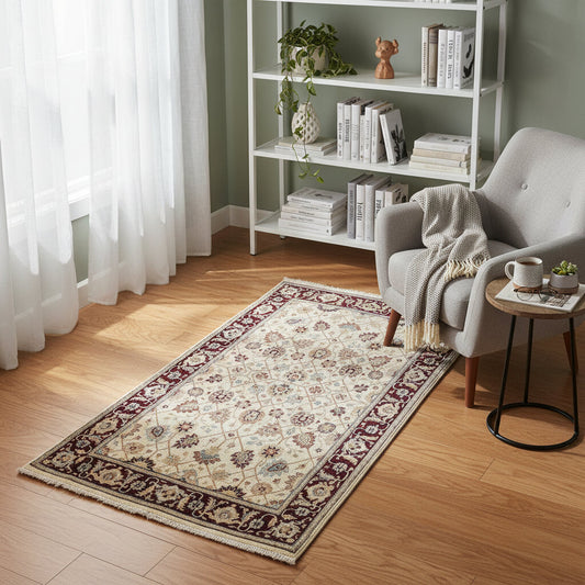 Tappeto Farahan in beige e rosso mattone, con motivi floreali classici. Annodato a mano in Afghanistan con lana e cotone tinti con colori vegetali naturali. Eleganza e qualità artigianale.
