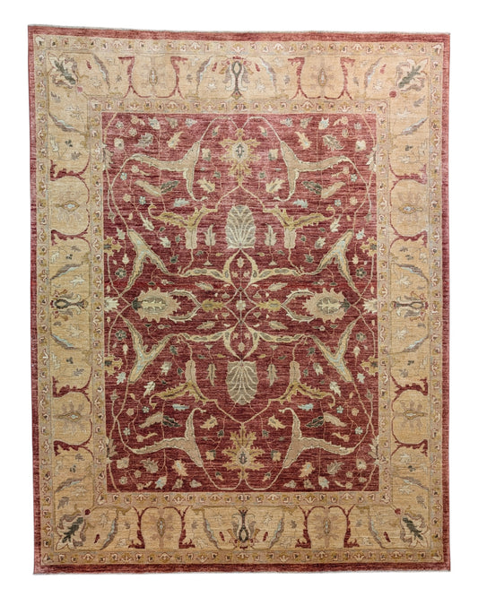 Tappeto Farahan rosso mattone 281x218 cm annodato a mano, fondo caldo con motivi stilizzati multicolore e bordura avorio, lana pregiata e certificato di garanzia.