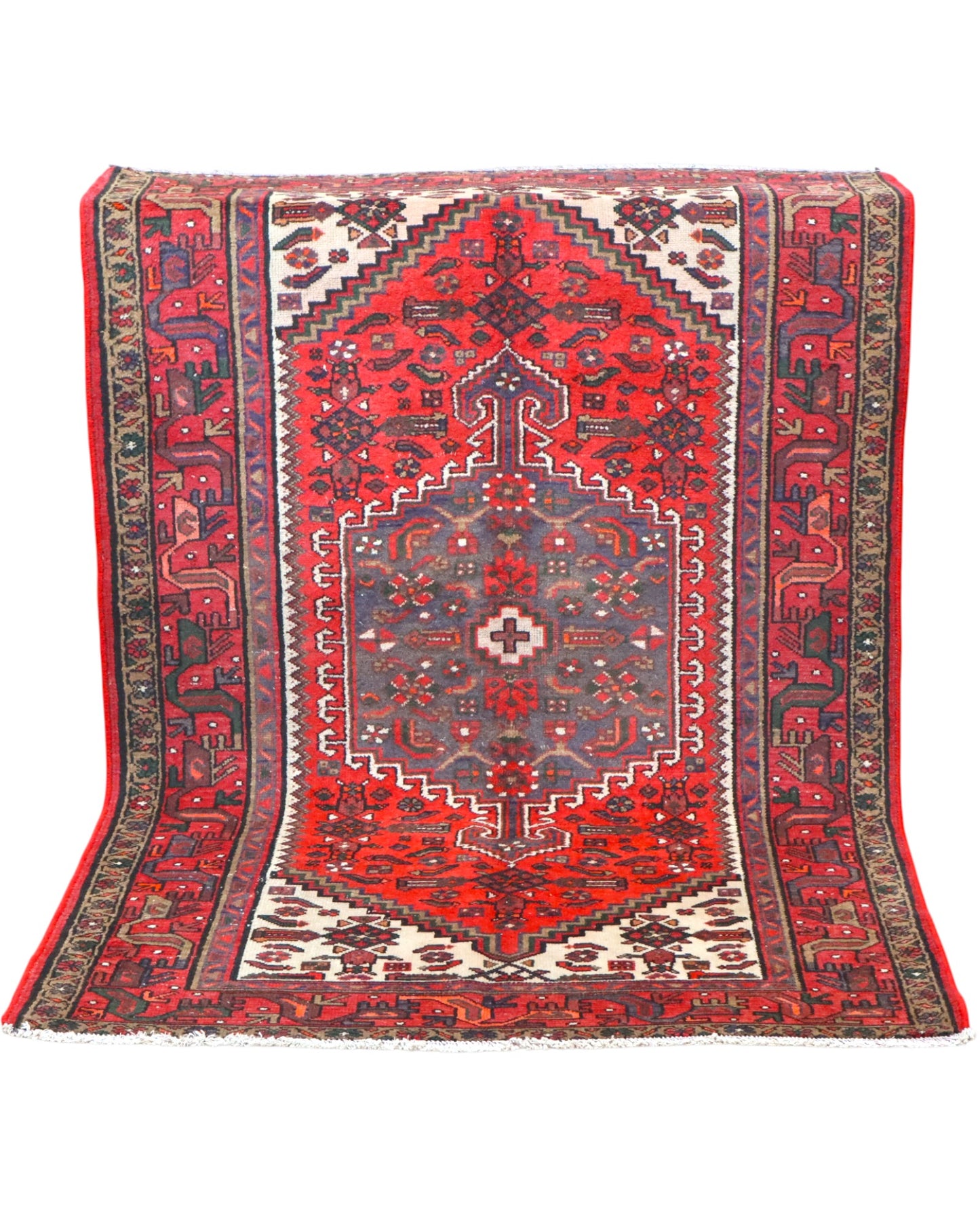Tappeto Hamedan 191x126 cm annodato a mano, rettangolare, fondo rosso con dettagli geometrici, realizzato in cotone e lana con colori vegetali.
