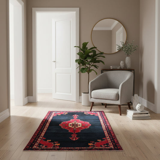 Tappeto Hamedan 200x119 cm, annodato a mano, con medaglione geometrico rosso, fondo blu notte e dettagli arancio.