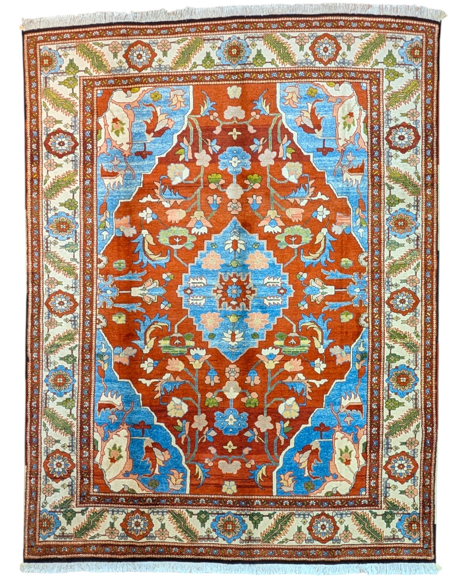 Tappeto Heriz 240x320 cm persiano annodato a mano con fondo rosso e dettagli azzurri e avorio.