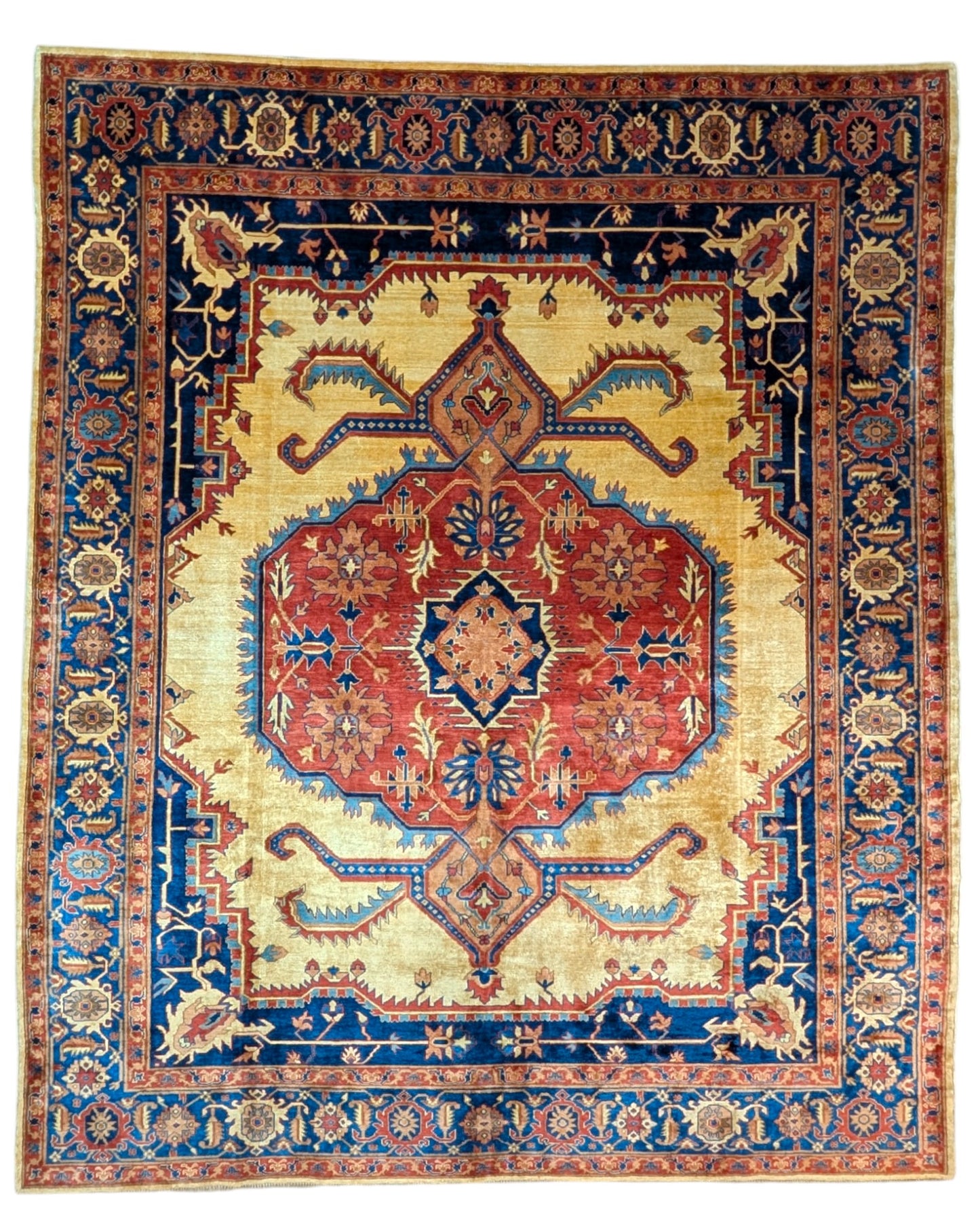 Tappeto Heriz persiano 303x255 cm, annodato a mano, lana e cotone con colori vegetali, fondo avorio con medaglione rosso e dettagli blu.