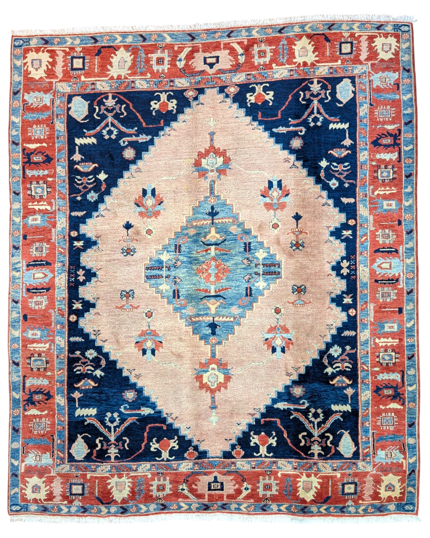 Tappeto Heriz persiano, geometrico, beige, blu notte e rosso mattone, 255x218 cm, annodato a mano.