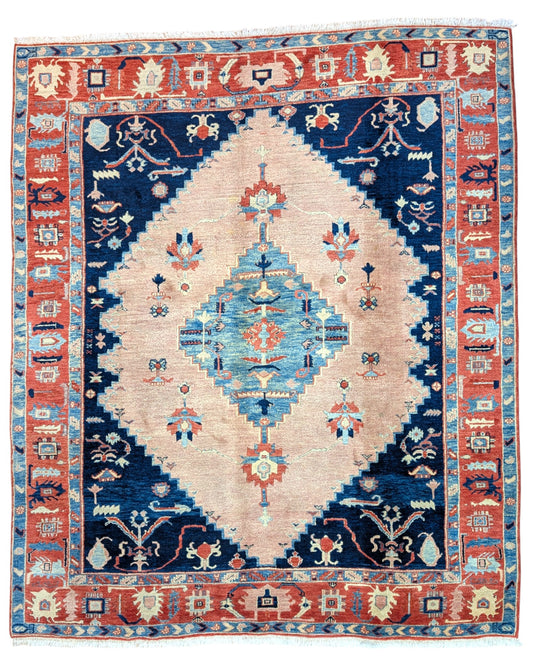 Tappeto Heriz persiano, geometrico, beige, blu notte e rosso mattone, 255x218 cm, annodato a mano.