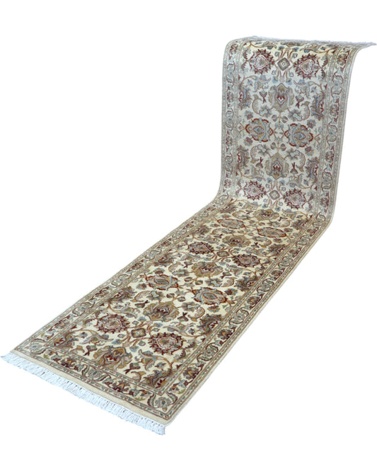 Tappeto Kashmir afgano, beige con disegno decorativo, annodato a mano, 302x77 cm.