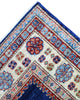 Tappeto Kazak 237x79 cm fondo blu annodato a mano in lana e cotone.