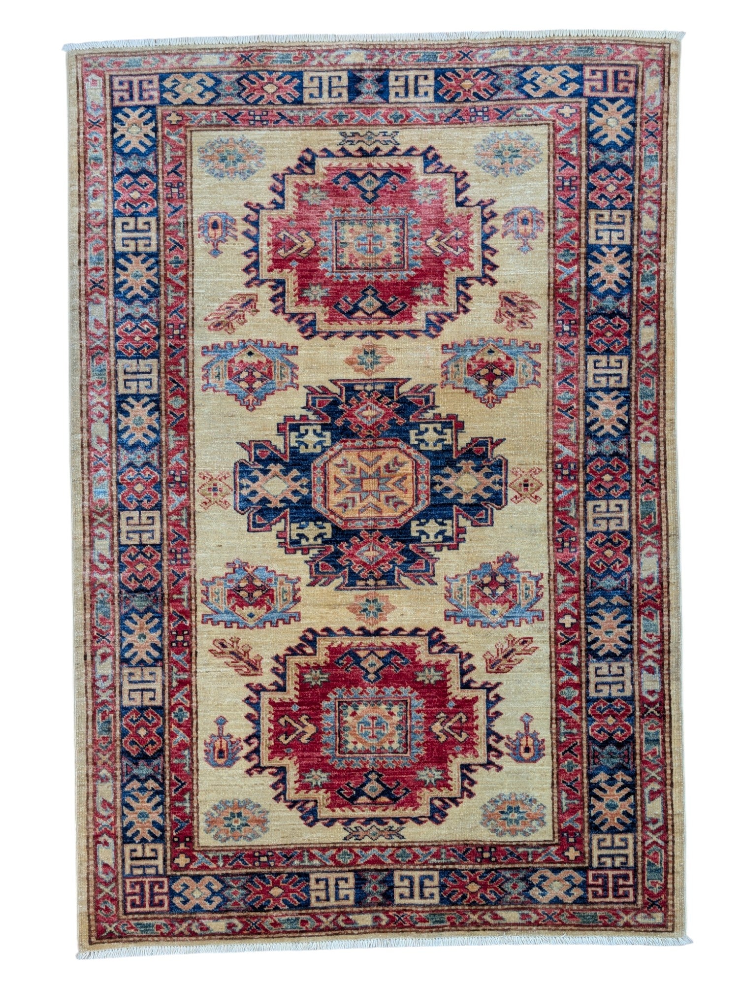 Tappeto Kazak 171x117 cm, annodato a mano in lana pregiata, motivi geometrici caucasici con medaglioni e bordura decorata.