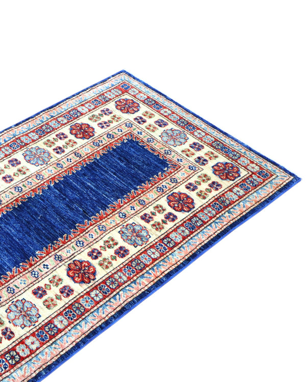 Tappeto Kazak 237x79 cm fondo blu annodato a mano in lana e cotone.