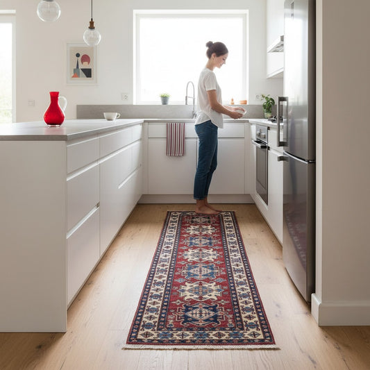 Tappeto Kazak afgano, rosso melograno, annodato a mano, 297x76 cm.