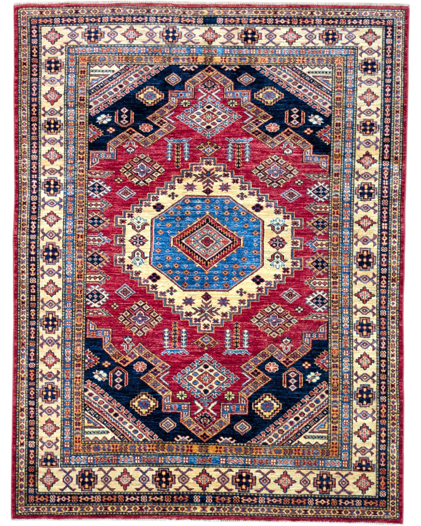 Tappeto Kazak afgano, rosso e beige con motivo geometrico, annodato a mano, 200x147 cm.