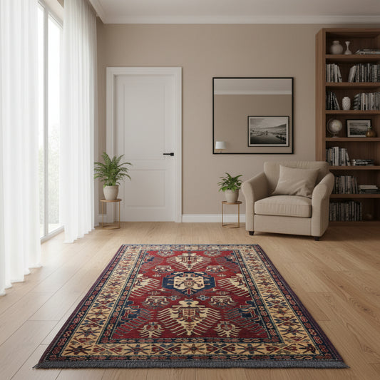 Tappeto Kazak rosso con cornice beige e motivi geometrici, annodato a mano in Afghanistan in lana e cotone con colori vegetali.