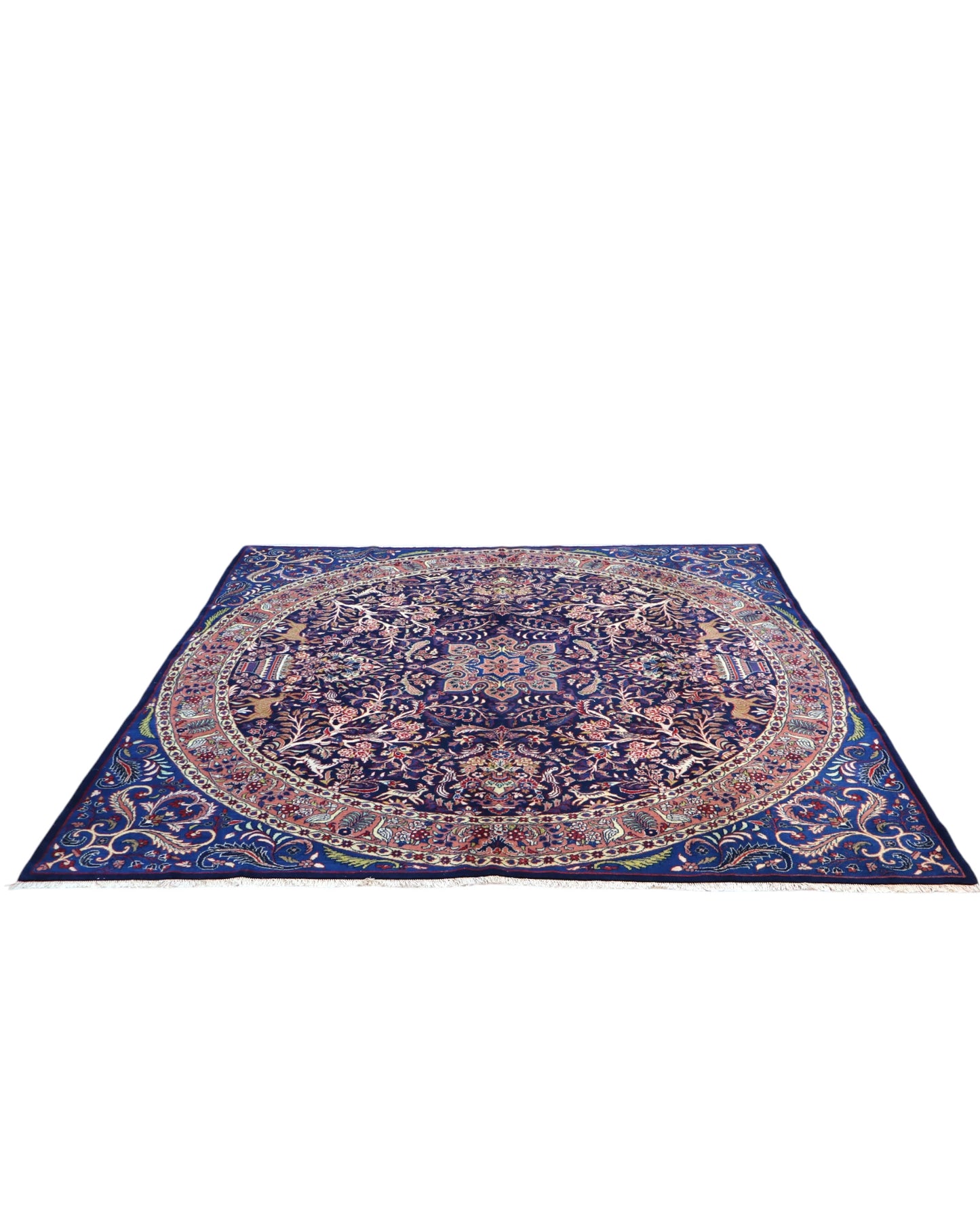 Tappeto Kerman quadrato 261x264 cm, annodato a mano in lana e cotone con colori vegetali, fondo blu con dettagli floreali e medaglione centrale persiano.