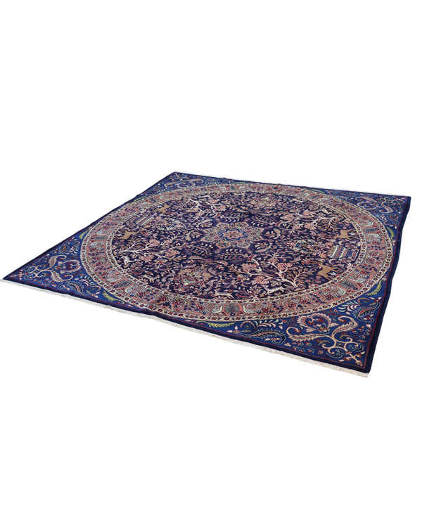 Tappeto Kerman quadrato 261x264 cm, annodato a mano in lana e cotone con colori vegetali, fondo blu con dettagli floreali e medaglione centrale persiano.