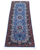 Tappeto Kerman 186x62 cm annodato a mano con fondo azzurro e cornice scura.