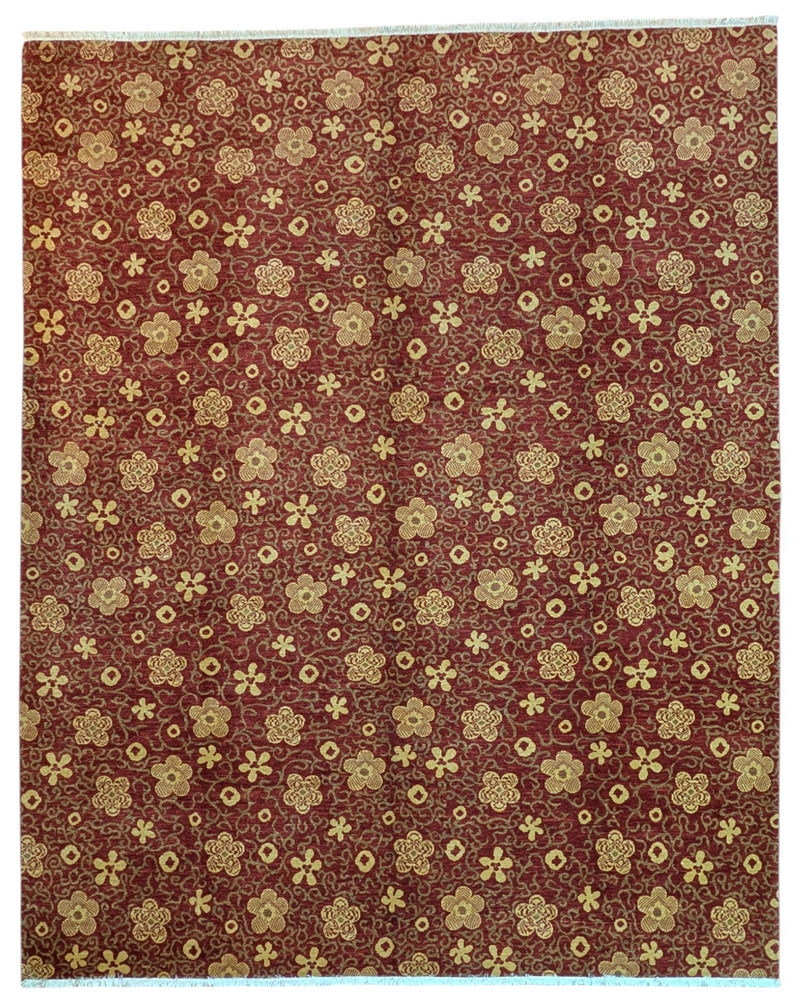 Tappeto Moderno 349x282 cm annodato a mano con fondo rosso e motivi floreali chiari.